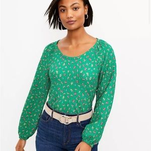 LOFT Fall Kelly Green Floral Draped Sleeve Top Medium